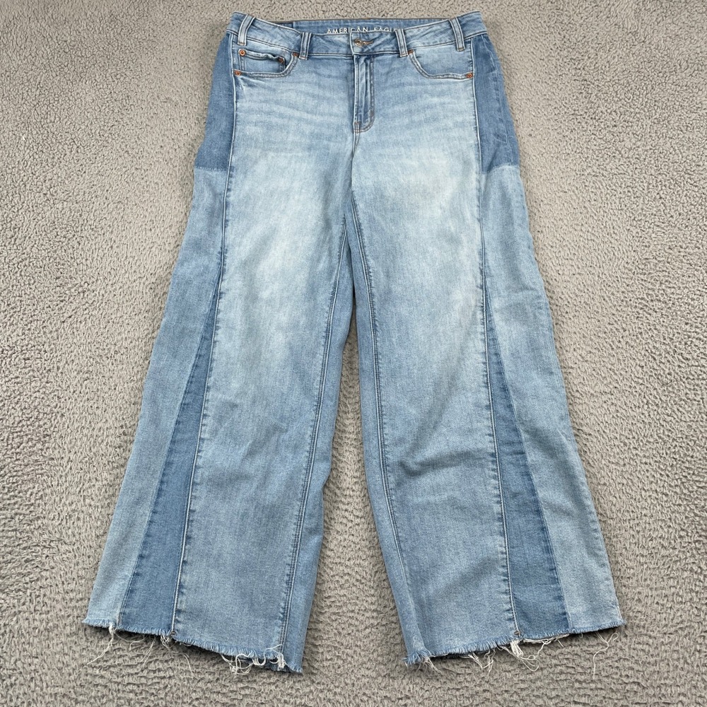 American Eagle Jeans Womens 10 Blue Low-Rise Baggy Wide Leg Patchwork Raw Hem